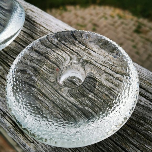 Pair of Discus Shaped Clear Glass Candle Stick Holders - Picture 2 of 13